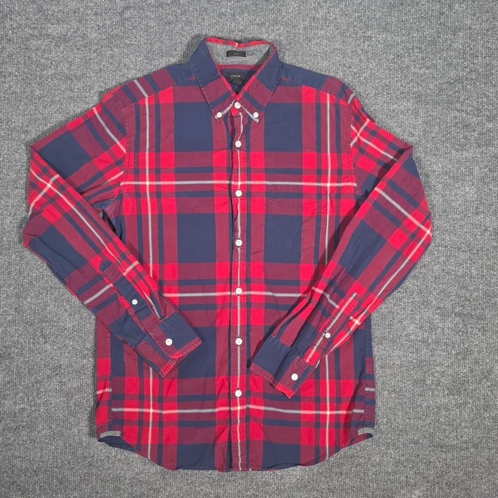 J.Crew Tartan Mens Slim Fit Red Navy Blue Plaid Cotton Button Down Shirt M 94007